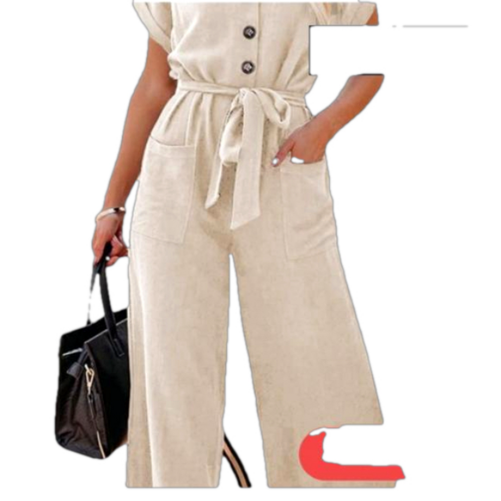 V Neck Short Sleeve Button Down High Waisted Belted Beige Wide Leg New in box 3